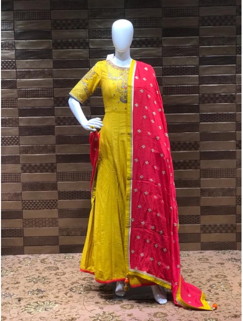 Matchless Mustard  Color Raw Silk New Designer Wedding Wear Anarkali Salwar Suit